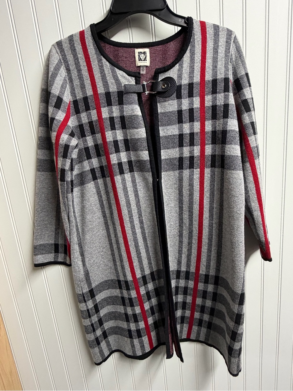 Anne Klein Plaid Cardigan Gray Black Red with Buckle